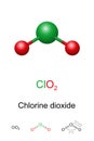 Chlorine dioxide, ClO2, ball-and-stick model, molecular and chemical formula