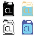 Chlorine icon set. Chlorine disinfectant. Chemical detergent, disinfection supplies. Sanitary equipment. Bottle with cleaning