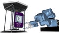 Chlorine symbol in square shape with metallic edge in front of a mechanical arm that will hold a chemical container. 3D render.