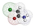 Chloroacetamide preservative molecule. 3D rendering. Atoms are represented as spheres with conventional color coding: hydrogen (