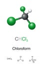 Chloroform, trichloromethane, CHCl3, molecule model, chemical formula