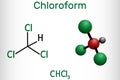 Chloroform or trichloromethane molecule. It is anesthetic, euphoriant, anxiolytic and sedative. Structural chemical formula and Royalty Free Stock Photo