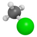 Chloromethane (methyl chloride) molecule. 3D rendering. Atoms are represented as spheres with conventional color coding: hydrogen