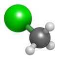 Chloromethane (methyl chloride) molecule. 3D rendering. Atoms are represented as spheres with conventional color coding: hydrogen