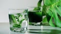 Chlorophyll extract is poured in pure water in glass against a white grey background with green leaf