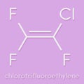 Chlorotrifluoroethylene CTFE refrigerant molecule and polychlorotrifluoroethylene plastic building block. Skeletal formula.