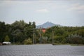 Chlumcany, Czech republic - September 22, 2018: Hazmburk castle on background and photovoltaic power plant in foreground at beginn