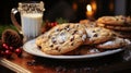 Choc chip cookies with milk at Christmas time