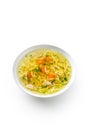 Chocken or beef soup with noodles carrot and parsley herb isolated on white Royalty Free Stock Photo