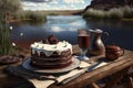 Chocolate cake, table, next to river