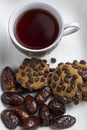 Choco chips cookies, dates and black tea