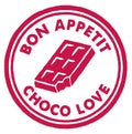 Choco Love red rubber stamp featuring a chocolate bar with Bon Appetit text in red circle design Royalty Free Stock Photo