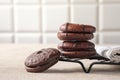Choco pie chocolate biscuits on white Table with copy space Royalty Free Stock Photo