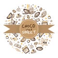Choco Sweet Banner Template, Tasty Desserts Poster, Card, Flyer with Cocoa Beans and Sweets Seamless Pattern Hand Drawn