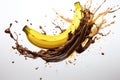 Chocoholic Delight: Dark Chocolate and Banana Collide in a Delicious Splash on White Royalty Free Stock Photo