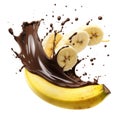 Chocoholic Delight: Dark Chocolate and Banana Collide in a Delicious Splash on White Royalty Free Stock Photo