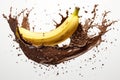 Chocoholic Delight: Dark Chocolate and Banana Collide in a Delicious Splash on White Royalty Free Stock Photo