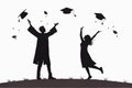 Silhouettes of a man and a woman celebrating graduation on a grassy hill. Royalty Free Stock Photo