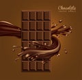 Chocolate advertising design. Chocolate bar in a frame of a glossy stream of liquid chocolate. 3D vector. High detailed realistic