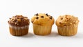 Chocolate almond muffin, Vanilla chocolate chips muffin and Vanilla almond muffin Royalty Free Stock Photo