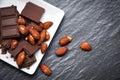 Chocolate almonds nut on white plate on the dark background - chunks candy sweet dessert and snack