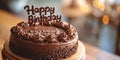 chocolate appetizing decorated cake on the table with congratulations happy birthday, banner