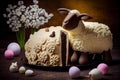 chocolate appetizing easter lamb cake with decoration of marshmallow and chocolate