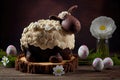 chocolate appetizing easter lamb cake with decoration of marshmallow and chocolate