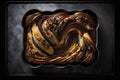 Chocolate Babka On Black Matte Plate. Generative AI