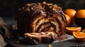 Chocolate Babka with oranges. Orange pastries on a marble table. Homemade cake. Generative AI