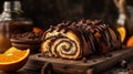 Chocolate Babka with oranges. Orange pastries on a marble table. Homemade cake. Generative AI