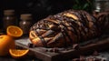 Chocolate Babka with oranges. Orange pastries on a marble table. Homemade cake. Generative AI