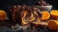 Chocolate Babka with oranges. Orange pastries on a marble table. Homemade cake. Generative AI