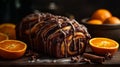 Chocolate Babka with oranges. Orange pastries on a marble table. Homemade cake. Generative AI