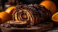 Chocolate Babka with oranges. Orange pastries on a marble table. Homemade cake. Generative AI