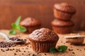 Chocolate banana muffin on wooden vintage background. Delicious homemade bakery. Royalty Free Stock Photo