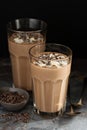 Chocolate banana smoothie with cocoa nibs