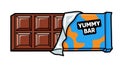 Chocolate bar with blue and orange camouflage wrapper labeled Yummy Bar isolated on white background Royalty Free Stock Photo