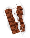 Chocolate bar broken into two halves with milk splashes Royalty Free Stock Photo