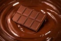 Chocolate. Bar of chocolate on melted liquid premium dark chocolate. Close up of liquid hot swirl. Confectionery