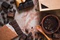 chocolate bar cocoa beans chocolate cream table. High quality photo Royalty Free Stock Photo
