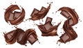 Chocolate bar, cocoa butter, pastry sweets with splashing and whirl chocolate liquid. 3d Realistic chocolate. Pieces of