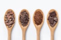 Chocolate bar, cocoa powder, cacao beans and nibs, heap in wooden spoons, chocolate background Royalty Free Stock Photo