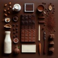 Chocolate bar, coffee beans, cocoa powder, milk and spices on brown background. Generative AI Royalty Free Stock Photo
