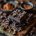 chocolate bar and crumbs on top of wooden chopping board with cinammon in a bowl