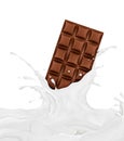 Chocolate bar drowns in splashes of milk Royalty Free Stock Photo