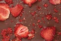 Chocolate bar with freeze dried strawberries as background, closeup Royalty Free Stock Photo