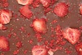 Chocolate bar with freeze dried strawberries as background, closeup Royalty Free Stock Photo