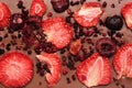 Chocolate bar with freeze dried strawberries and cherries as background, closeup Royalty Free Stock Photo