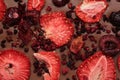 Chocolate bar with freeze dried strawberries and cherries as background, closeup Royalty Free Stock Photo